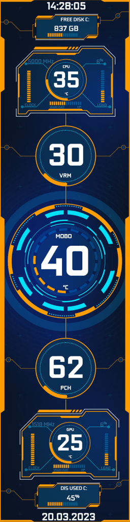 AIDA64 Skin Blue and Yellow Theme HUD 480x1920 - AIDA Skins