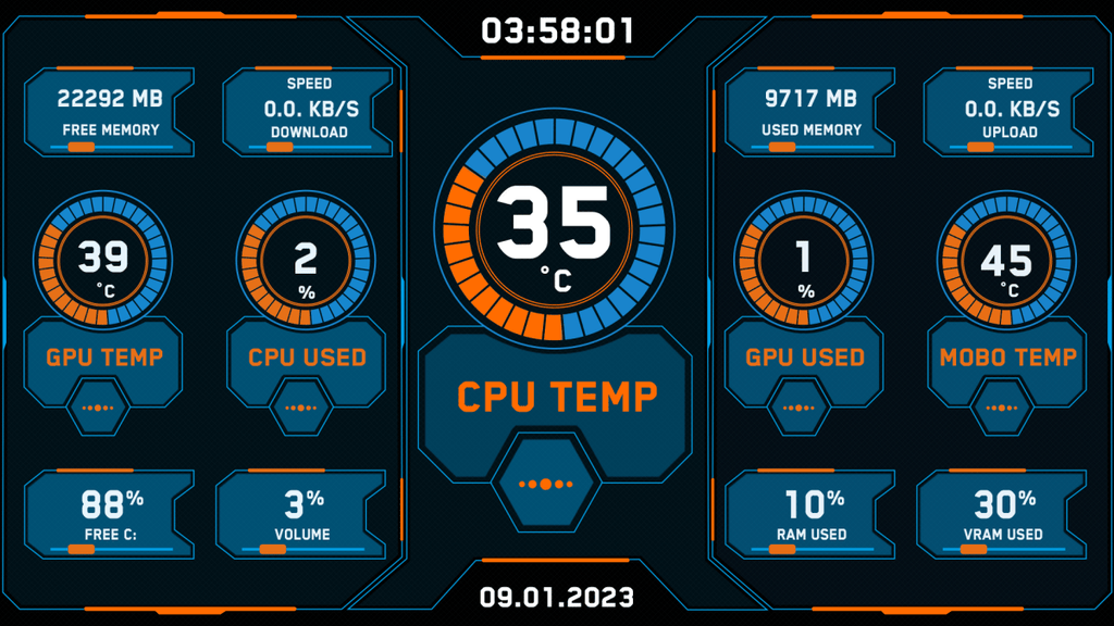 AIDA64 Skin Modern Sci-fi Blue/Orange HUD 1920x1080 - AIDA Skins
