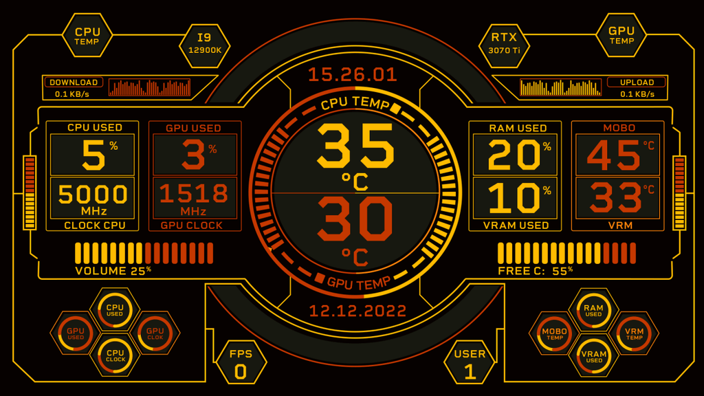 AIDA64 Skin Modern Sci-fi Red/Yellow HUD 1920x1080 - AIDA Skins