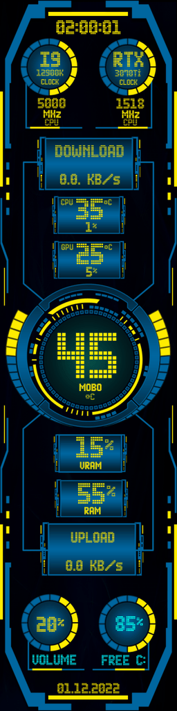 AIDA64 Skin Sci-fi Blue/Yellow HUD 480x1920 - AIDA Skins