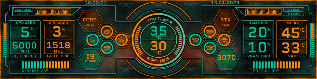AIDA64 Skin Sci-fi Modern Orange/Blue HUD 1920x480 - AIDA Skins