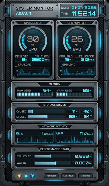 AIDA64 Skin Blue Sentinel HUD 600x1024 - AIDA Skins