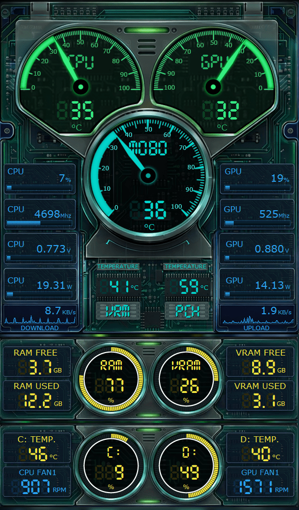 AIDA64 Skin Dashboard Circuit HUD 600x1024 - AIDA Skins