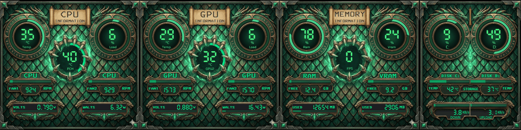 AIDA64 Skin Dragon Elements HUD 1920x480 - AIDA Skins