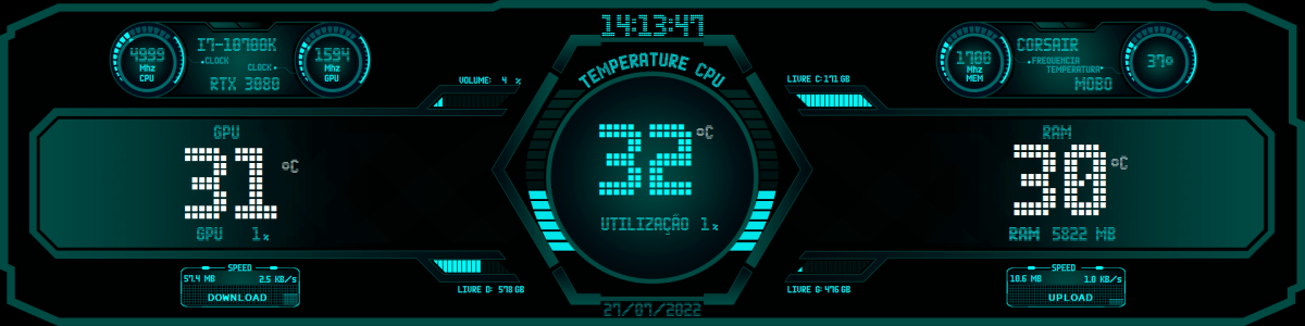 AIDA64 Skin Futuristic Tech Blue HUD 1920x480 - AIDA Skins | AIDA Skins